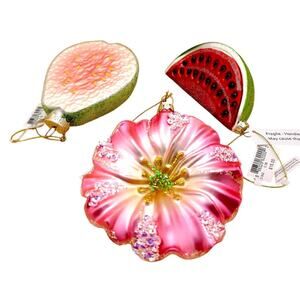 Set of Three Premium Glass Ornaments Flower Watermelon Guava Bloomindgales Xmas